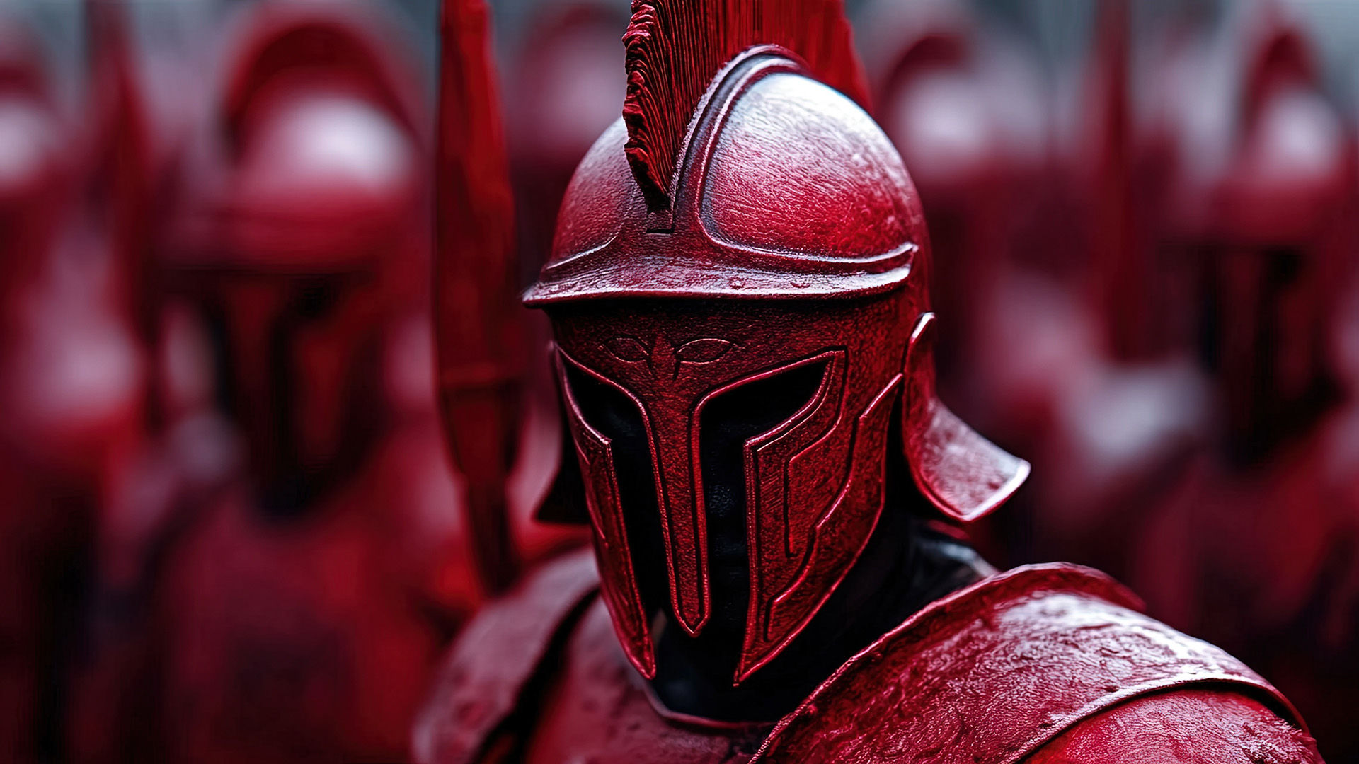 Rows of soldiers in crimson crested helmets and armor, one in sharp focus at the front