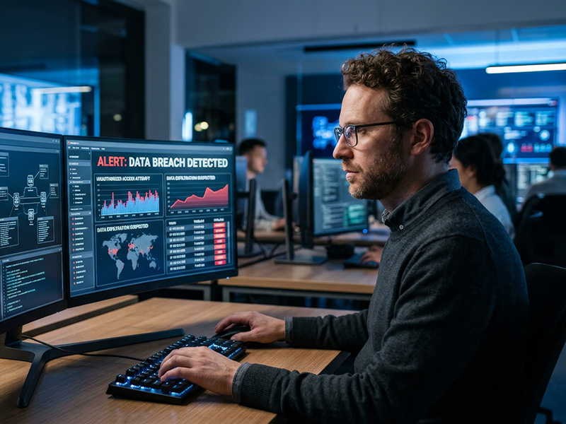 Analyst at a desk of monitors in a dim operations room, a breach alert on the center screen