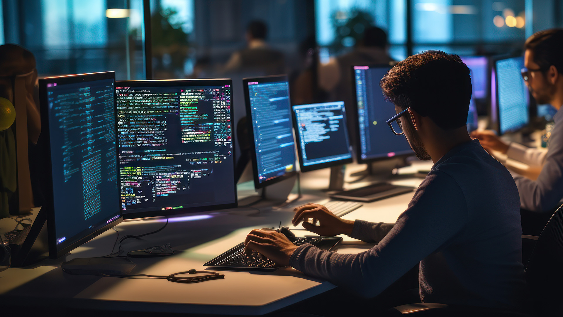 Developer at a desk of six monitors filled with code, colleagues working in the background