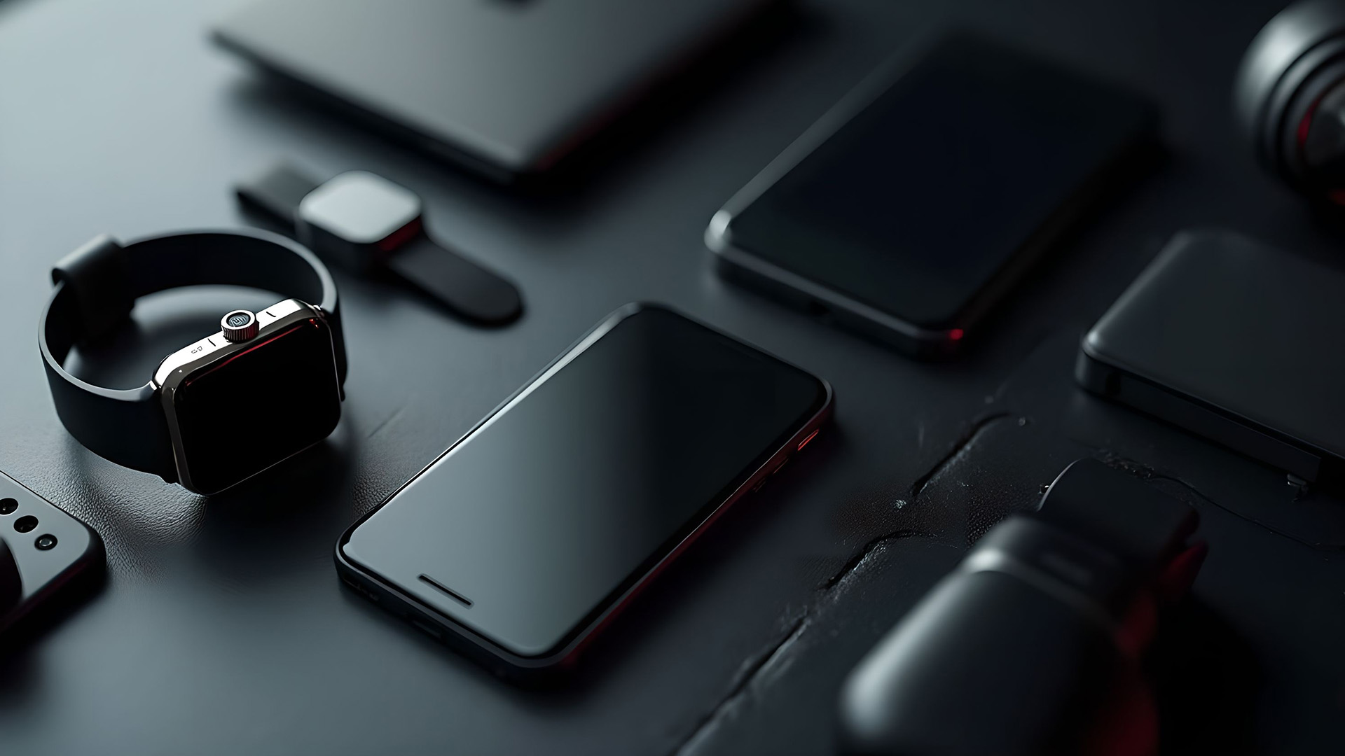 Smartwatch, phones, a laptop and earbuds laid out on a dark matte surface