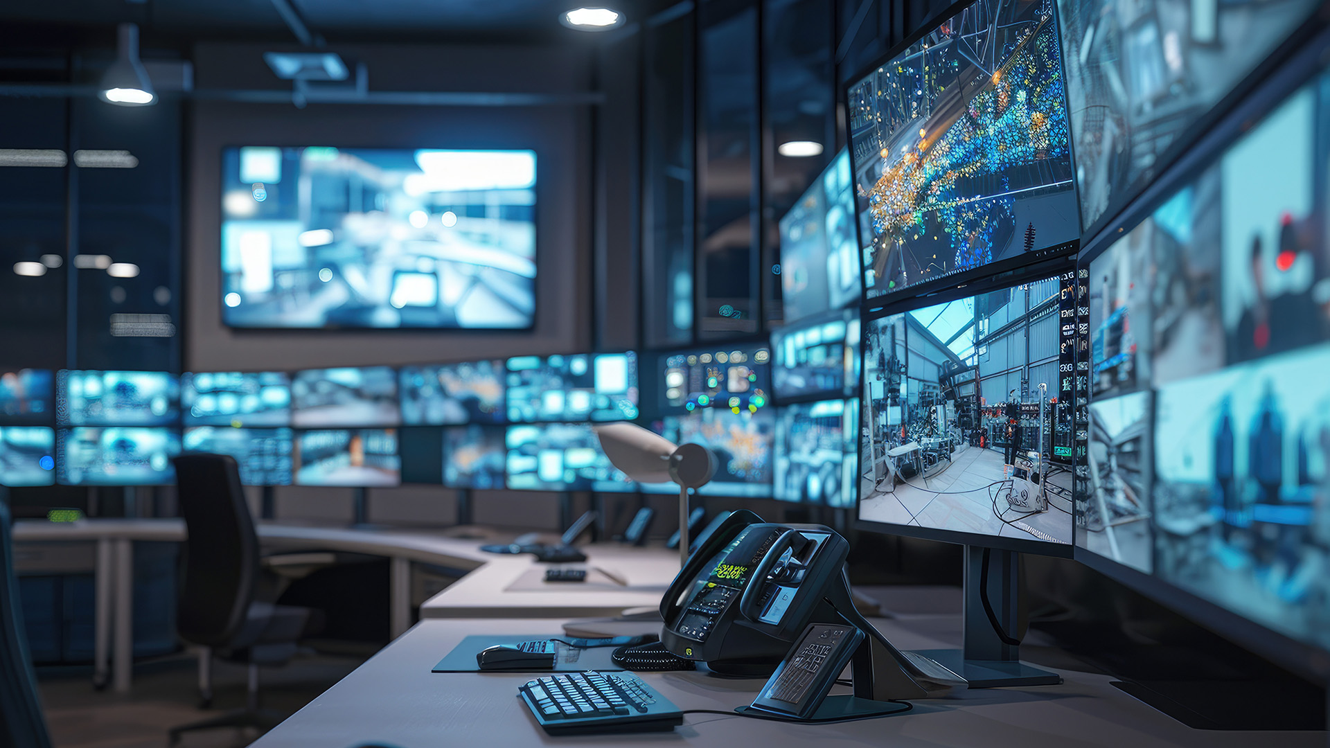 Support desk with a headset phone and keyboard before a wall of monitors in a control room