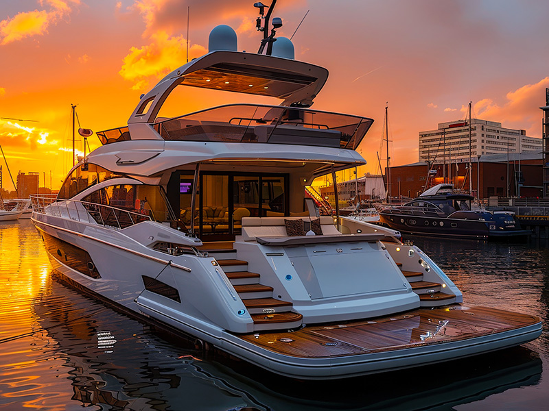 Motor yacht at her berth at sunset, deck lights on and the marina behind her