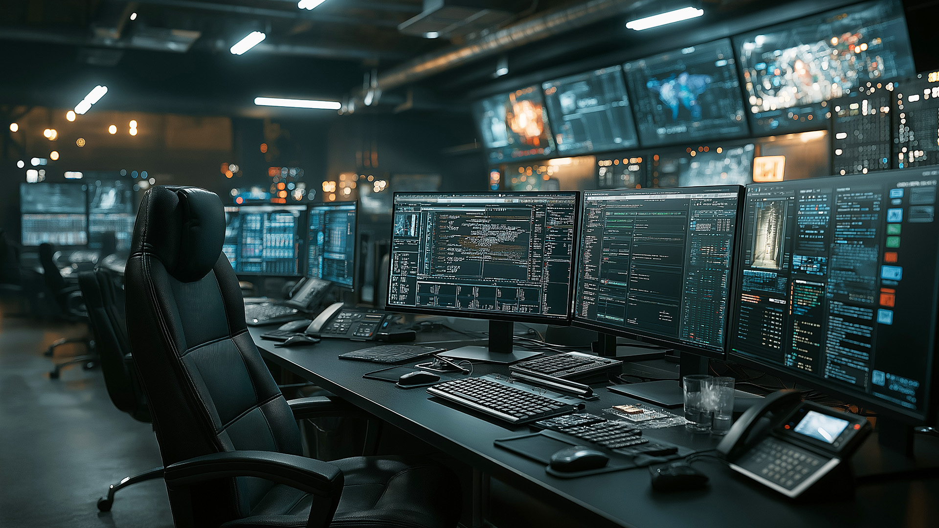 Empty chair at a row of monitors in a dim operations center, a world map on the wall screens