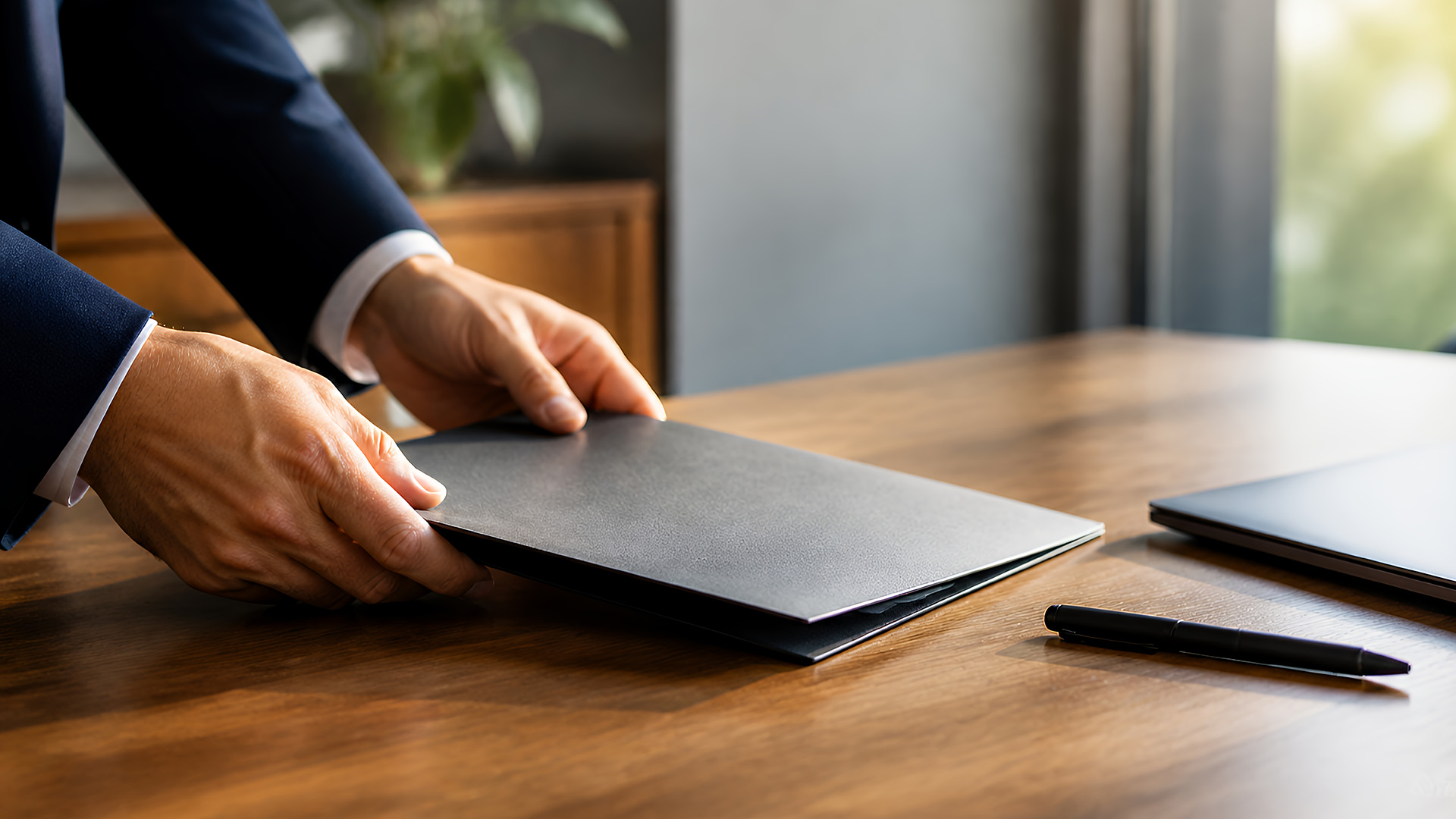 Hands in a suit placing a black folder on a wooden desk beside a pen and a laptop