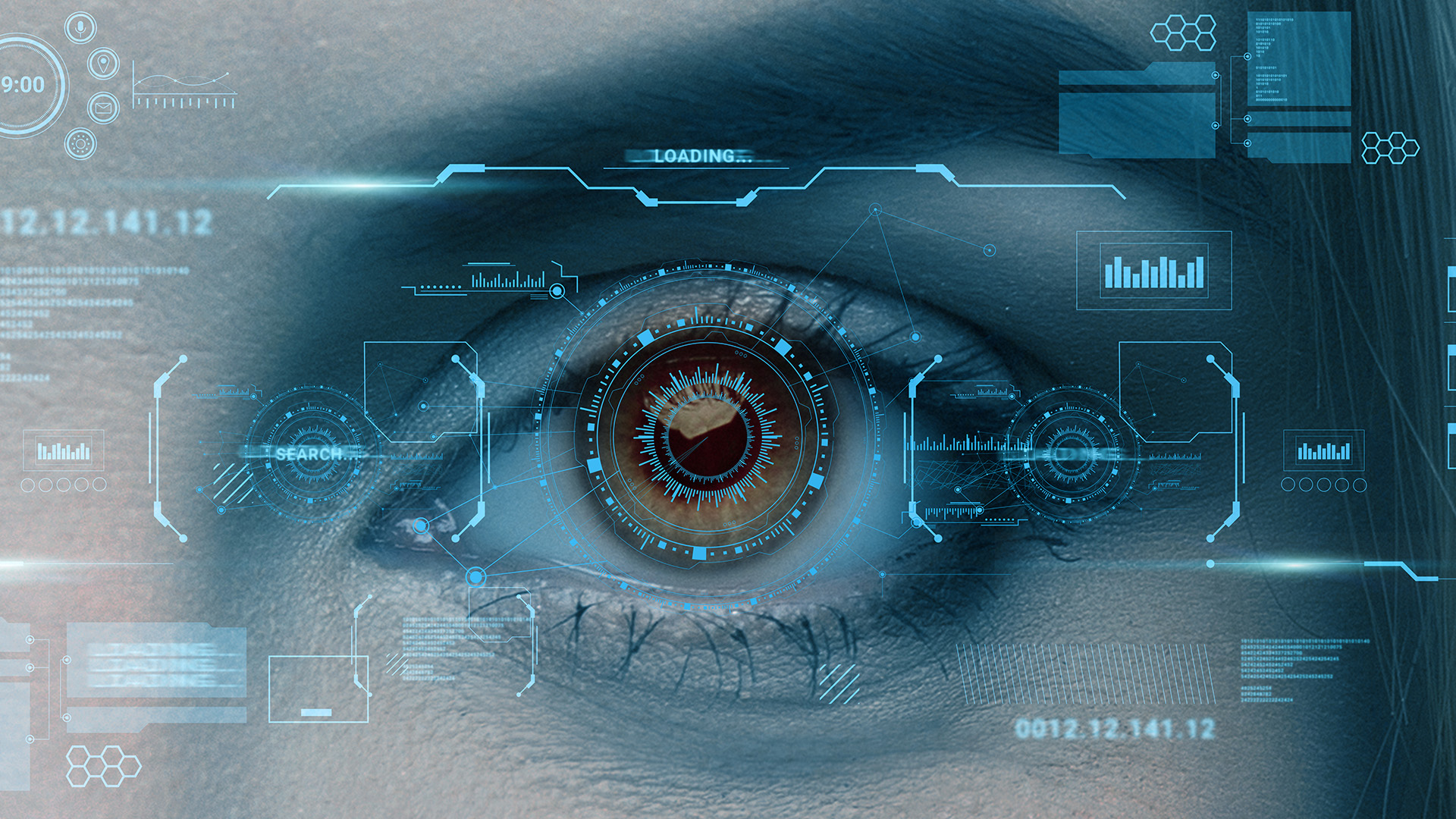 Close-up of an eye with a translucent interface of dials, charts and data drawn over it
